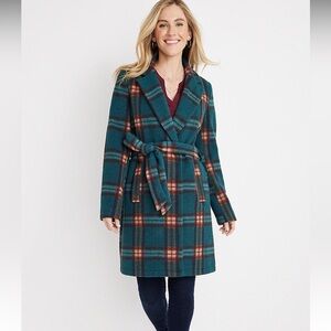 Maurices Plaid Belted Faux Wool Wrap Long Coat Sz XL Teal Tan Brown Pink